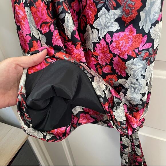 Cinq a Sept Black Floral 100% Silk Mini Slip Dress w/ Side Tie - Picture 8 of 16